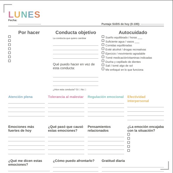 Planificador TDC diario — lunes con áreas para tareas, autocuidado, emociones y SUDS