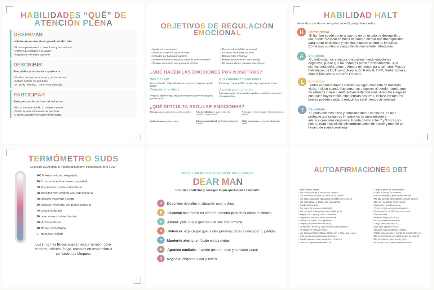 Mosaico de fichas del Kit Clínico TDC — Mente Sabia, Pensamiento Dialéctico, Atención Plena y más