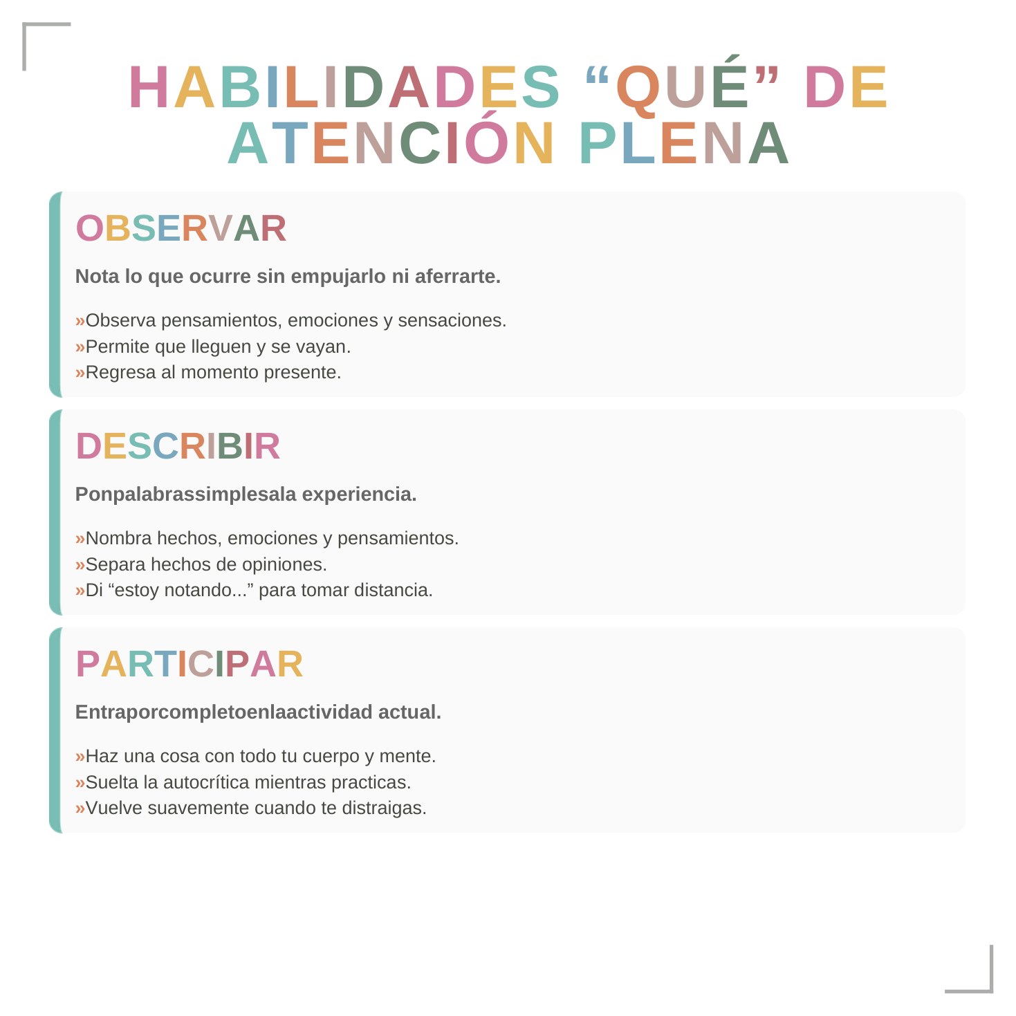 Ficha de Mindfulness con tabla de comportamiento y habilidades 'Qué' y 'Cómo'